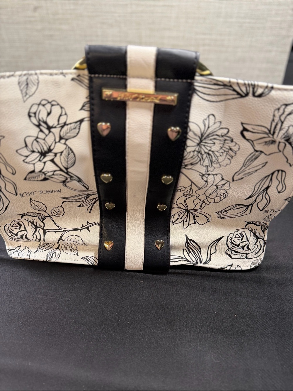 Betsey Johnson Black & White Floral Stripe Tote with Heart Studs